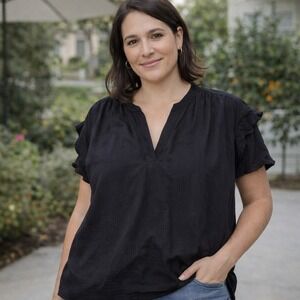 AYR The V Neck Tunic Top Black‎ Textured Gauze Short Sleeve Womens XL